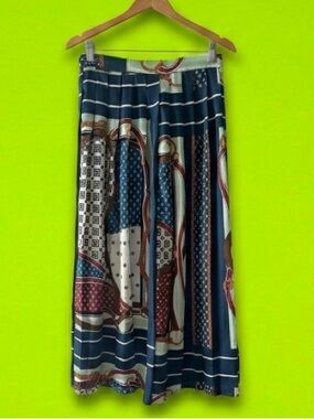 Zara Navy Blue Printed Midi Skirt with Burgundy Accents